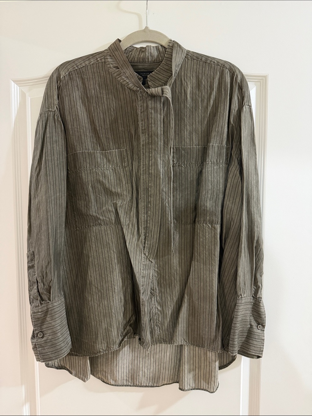 Zara Women’s Lightweight Striped Shirt with tie - Olive Green